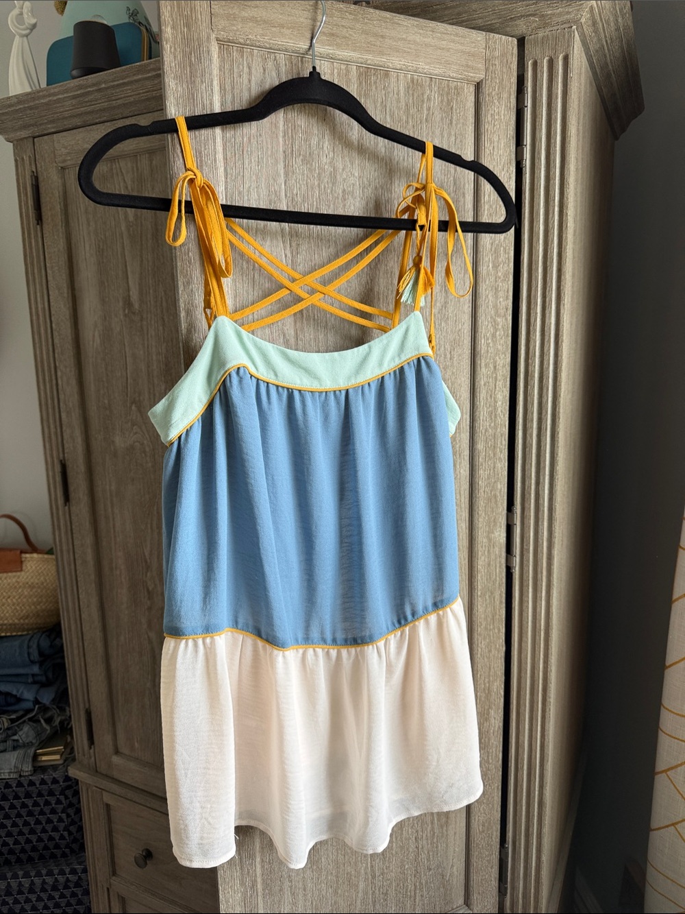 LOFT Mint Green, Pale Blue, and Cream Tunic with Mustard Straps